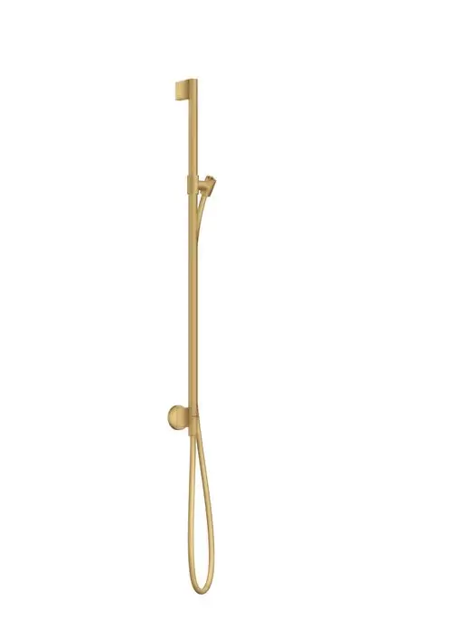 Brausestange mit Wandanschluss und Brauseschlauch in Brushed Gold Optic, präsentiert von AXOR. Vertikale Montage, einfache Handhabung, geeignet für moderne Badezimmer.